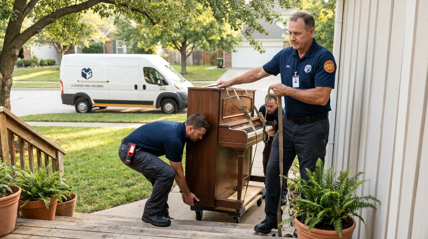 Licensed piano movers securing grand piano in Alstead, NH