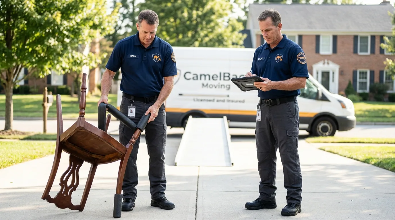 Movers inspecting furniture for damage prevention before loading in Alstead, NH
