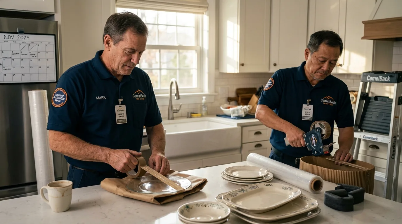 Professional crew packing kitchen dishware in Alstead, NH